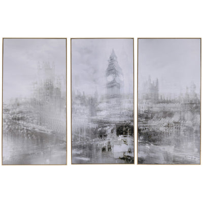 Foggy City Print With Golden Wooden Frame, Gray, Set of 3
