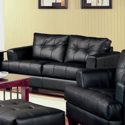 Contemporary Bonded Leather & Wood Loveseat With Cushioned Seat & Back, Black
