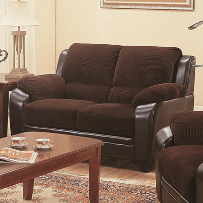 Transitional Wood-Corduroy-Leatherette Loveseat, Chocolate & Brown