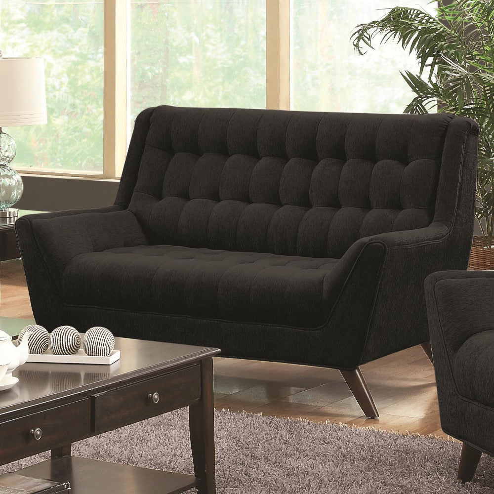 Modern Wood & Chenille Loveseat With Tufted Seating, Black