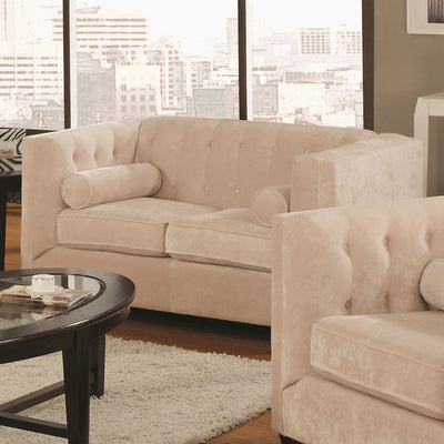 Transitional Wood & Chenille Loveseat With Lumbar Pillows, Almond