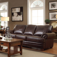 Traditional Faux Leather & Wood Sofa With Rolled Arms, Brown