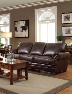 Traditional Faux Leather & Wood Sofa With Rolled Arms, Brown