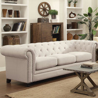 Transitional Linen Fabric & Wood Sofa With Tufted Design, Oatmeal