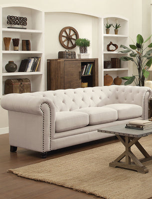 Transitional Linen Fabric & Wood Sofa With Tufted Design, Oatmeal