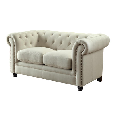 Transitional Wood & Linen Loveseat With Button Tufting, Oatmeal