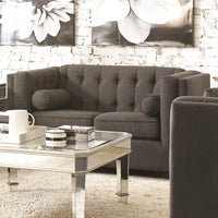 Transitional Wood & Linen Loveseat With Tufted Back, Gray