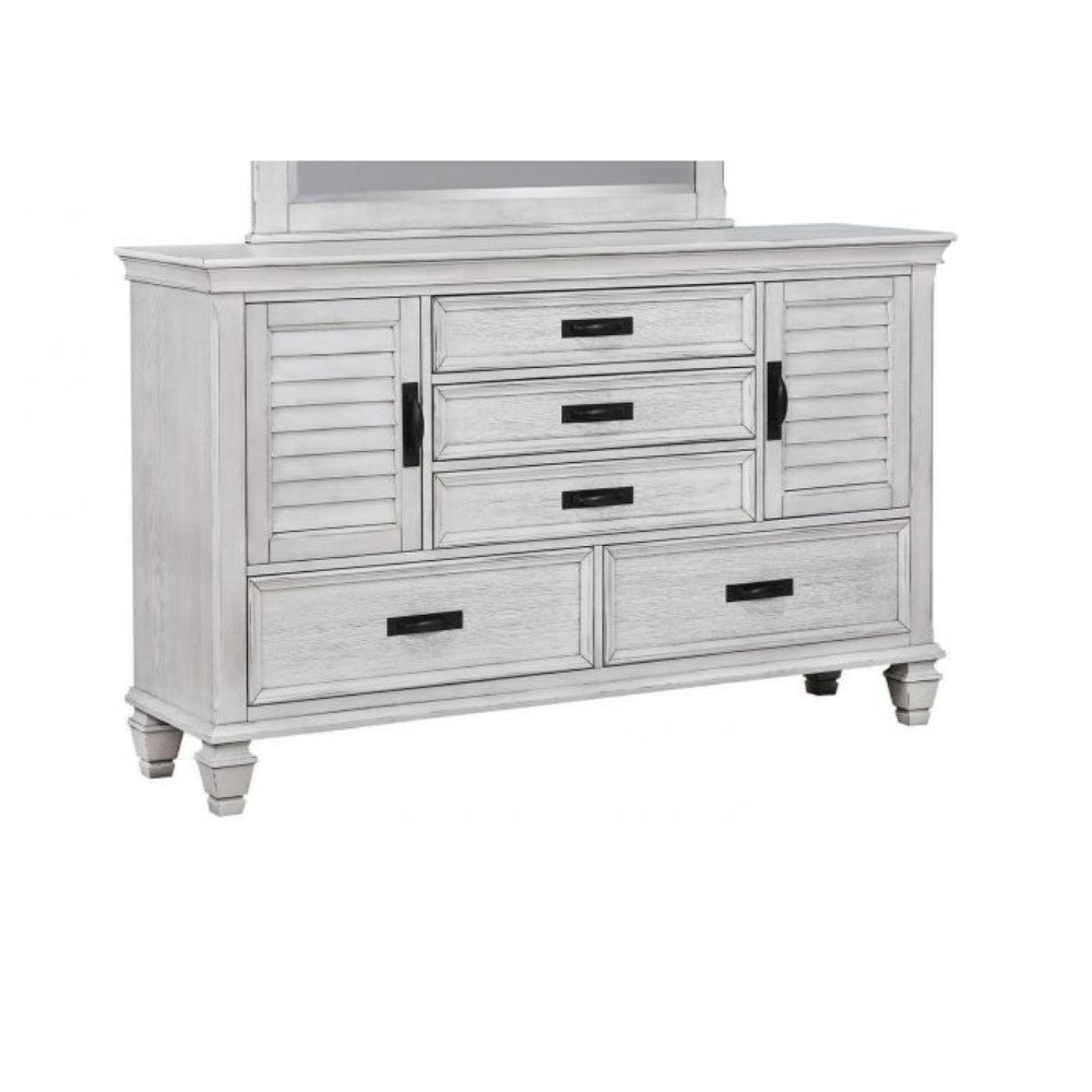 Wooden Nightstand with 2 Louvered Doors & 5 Drawers, White