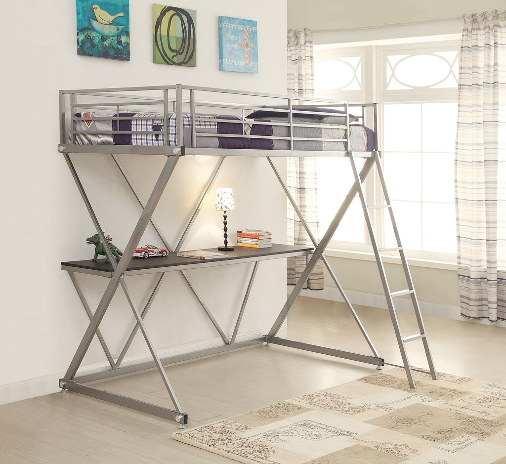 Metal Twin Size Workstation Loft Bunk Bed, Silver