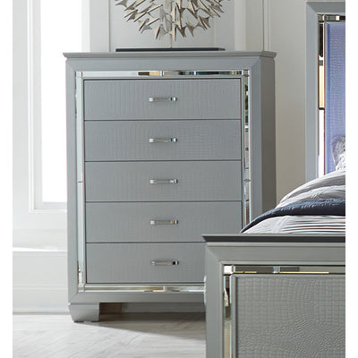 Mirror Accented 5 Drawer Wooden Chest, Silver