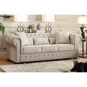 Fabric Upholstered Button Tufted Sofa With 5 Pillows, Beige