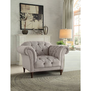 Button Tufted Accent Chair with Turned Legs, Light Gray and Brown