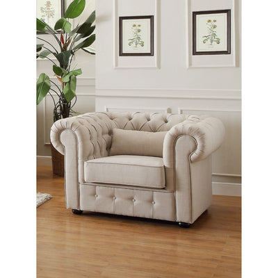 Button Tufted Rolled Arm Accent Chair, Beige