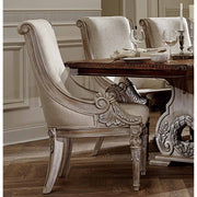 WoodFabric Arm Chair With Deep Carved Design On Legs And Edges, Distressed Off White