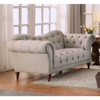 Polyester Upholstered Button Tufted Loveseat with Rolled Arms, Light Gray and Brown