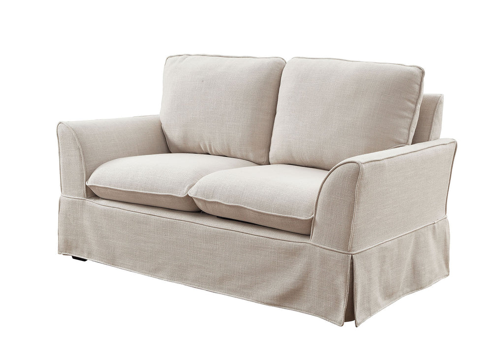 Transitional LinenLike Fabric Love Seat With Skirted Panel, Beige