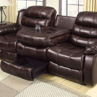 Transitional Leatherette Recliner Sofa With Folding Console, Rustic Brown