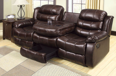 Transitional Leatherette Recliner Sofa With Folding Console, Rustic Brown