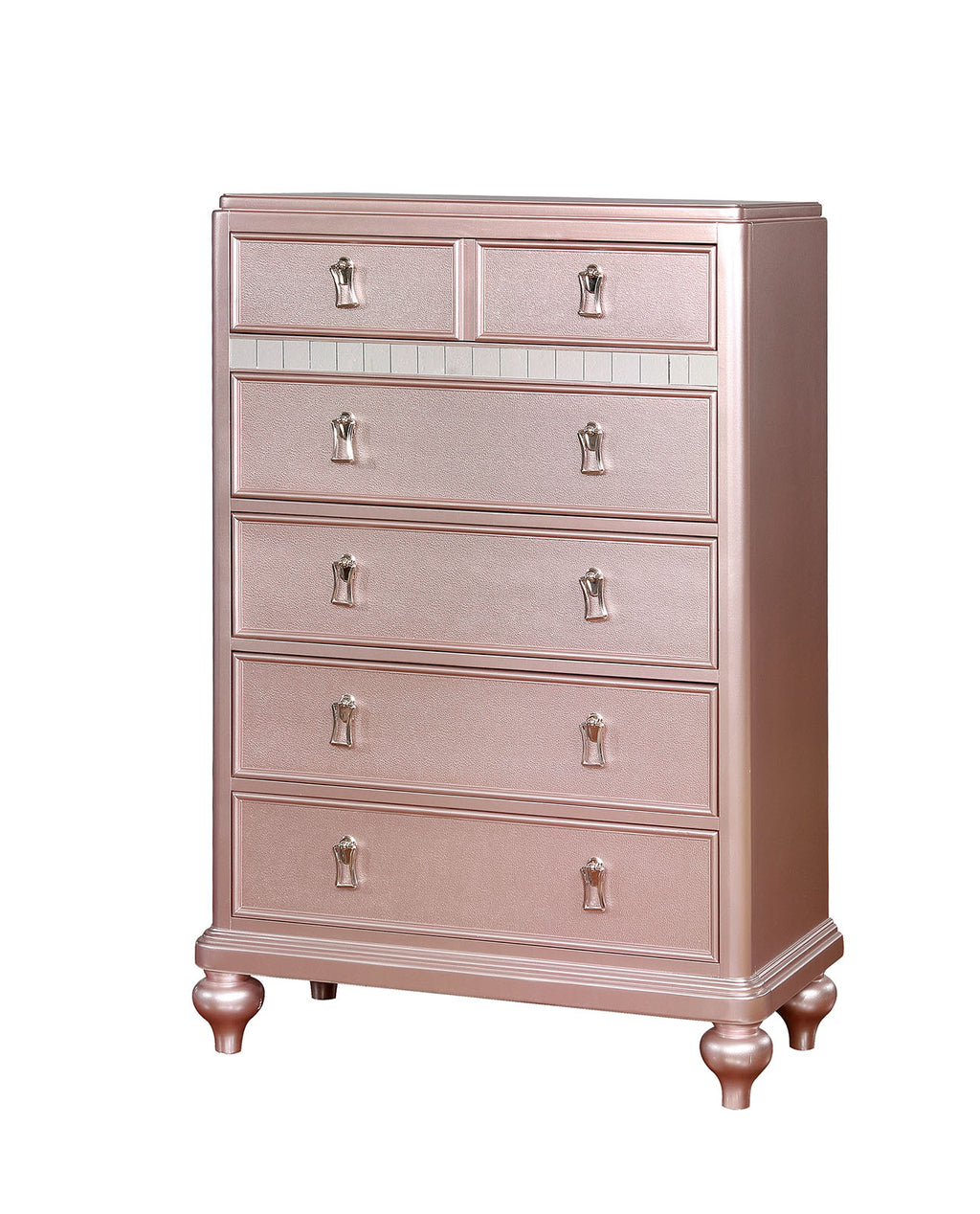 Five Drawers Contemporary Solid Wood Chest With Mirror Accent, Pink