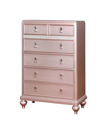 Five Drawers Contemporary Solid Wood Chest With Mirror Accent, Pink