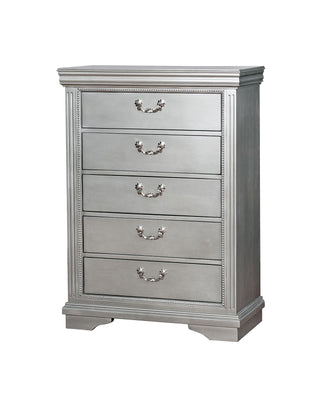 Traditional Solid Wood Chest With Intricate Carvings, Silver and Gray