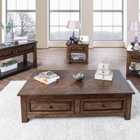 2 Drawer Wooden Coffee Table with Wood Grain Texture, Walnut Brown