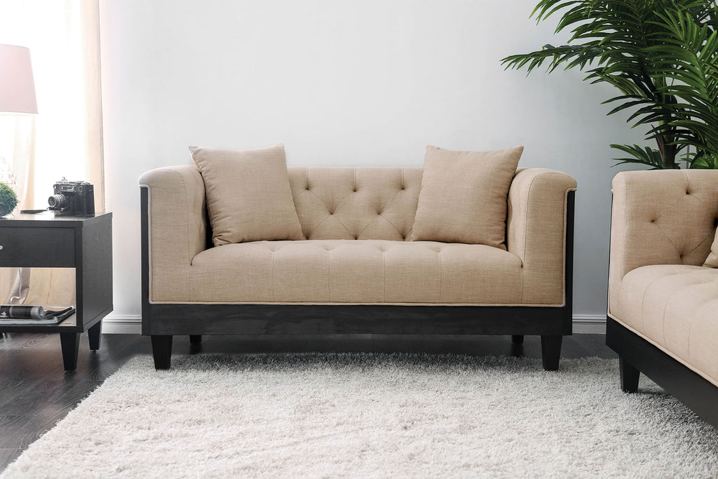 Fabric Upholstered Wooden Loveseat with 2 Pillows, Ivory