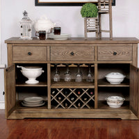 Wood Server With Three Drawers And Two Door, Light Oak Brown