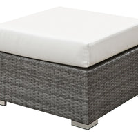 Wicker Ottoman with Fabric Upholstered Cushioned Seat, Small, Gray And Ivory