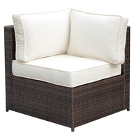 Faux Rattan Corner Chair with 1 Seat & 2 Back Cushions, Brown And Ivory
