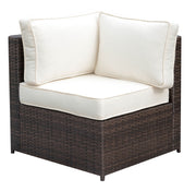 Faux Rattan Corner Chair with 1 Seat & 2 Back Cushions, Brown And Ivory