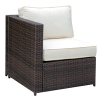Faux Rattan Right Arm Chair with Seat & Back Cushions, Brown And Ivory
