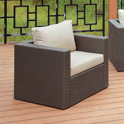Faux Rattan Arm Chair with Seat & Back Cushions, Gray And Ivory