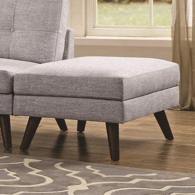 Fabric Upholstered Ottoman With Tappered Wooden Legs, Light Gray and Brown