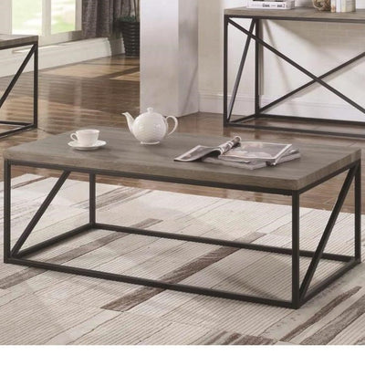 Industrial Style Minimal Coffee Table With Wooden Top And Metallic Base, Gray
