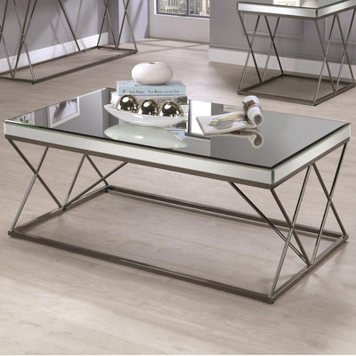 Modern Mirrored Coffee Table With Double X framed Base , Nickel Black