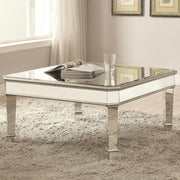 Mirrored Transitional Style Wooden Coffee Table With Beveled Edges, Silver
