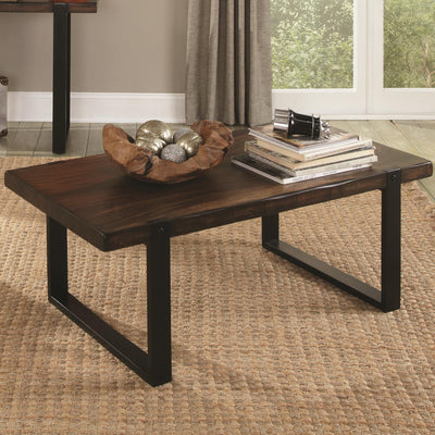 Minimalist Coffee Table With Metal Base & Wooden Top, Brown