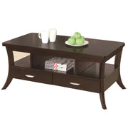 Contemporary Coffee Table With 2 Bottom Drawers & Open Shelves, Espresso Brown