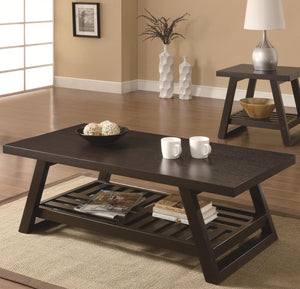Transitional Style Coffee Table With Open Bottom Shelf And Flared Legs, Brown