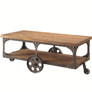 Industrial Style Solid Wooden Coffee Table With Metal Accents & Wheels, Brown