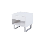 Contemporary Storage End Table With Metallic Base, Glossy White