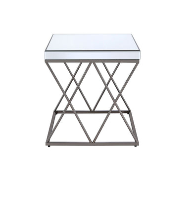 Modern Mirrored End Table With Double X framed Base , Nickel Black