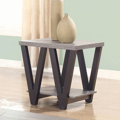 Zigzag Contemporary Solid Wooden End Table With Bottom Shelf, Gray And Black