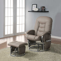 Leatherette Upholstered Metal Swivel Glider Recliner with Ottoman, Beige and Gray