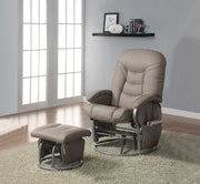 Leatherette Upholstered Metal Swivel Glider Recliner with Ottoman, Beige and Gray