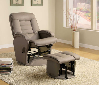 Leatherette Upholstered Metal Swivel Glider Recliner with Ottoman, Beige and Black