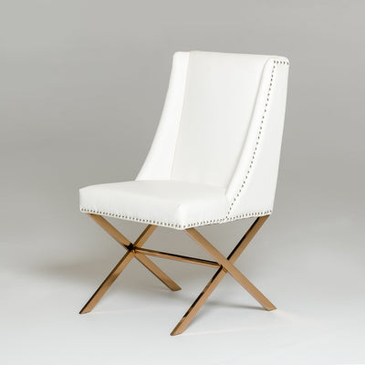 Leatherette Wingback Design Dining Chair with Trestle Steel Base, White and Gold