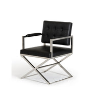 Leatherette Dining Chair with Button Tufted Back and Crossed Metal Base, Black and Silver