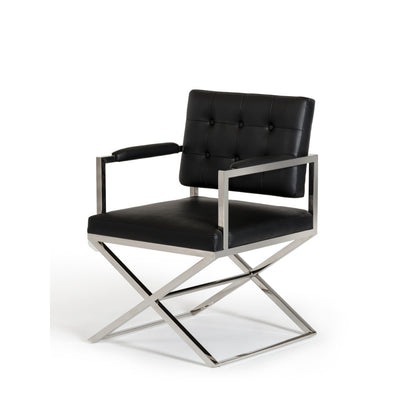 Leatherette Dining Chair with Button Tufted Back and Crossed Metal Base, Black and Silver